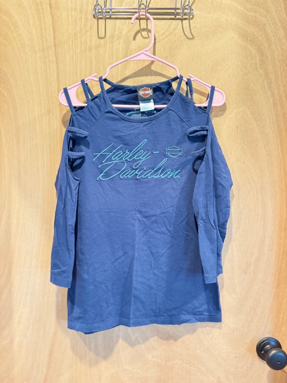 Harley-Davidson Navy Long Sleeve Cold-Shoulder Top with Teal Script
